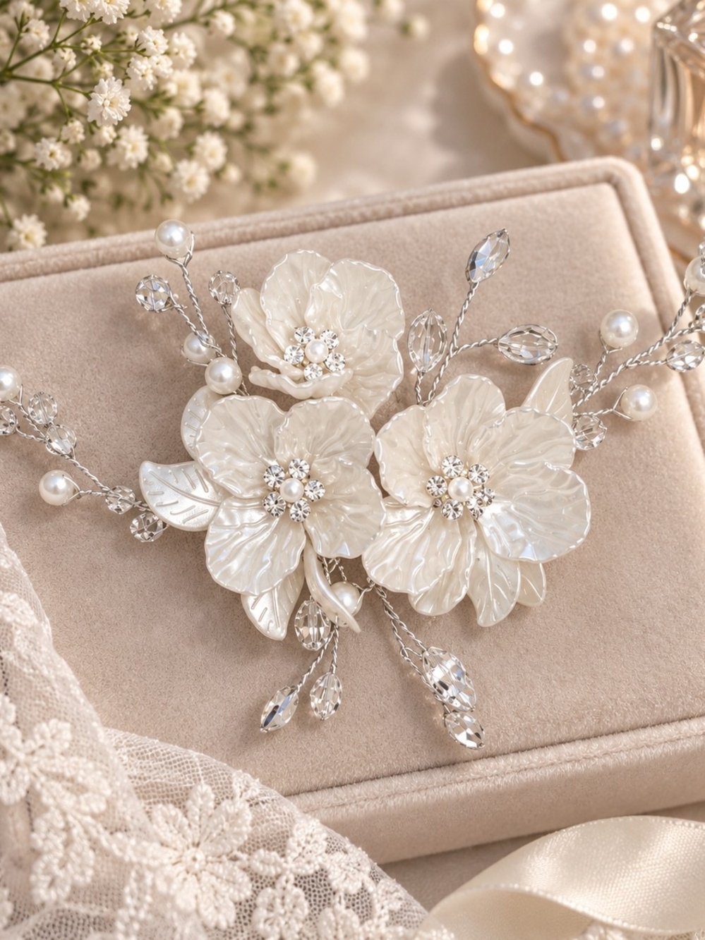 Handcrafted Pearl & Crystal Floral Hair Pin White Ivory New Bridal